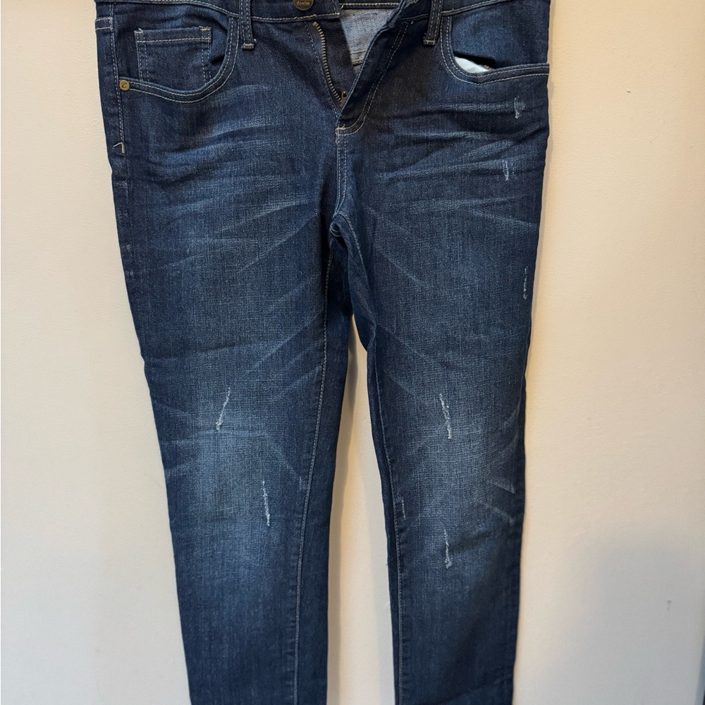 Cafe Denim Juniors Size 7/8 Skinny Jeans Medium Blue Distressed 5-Pocket Cuffed